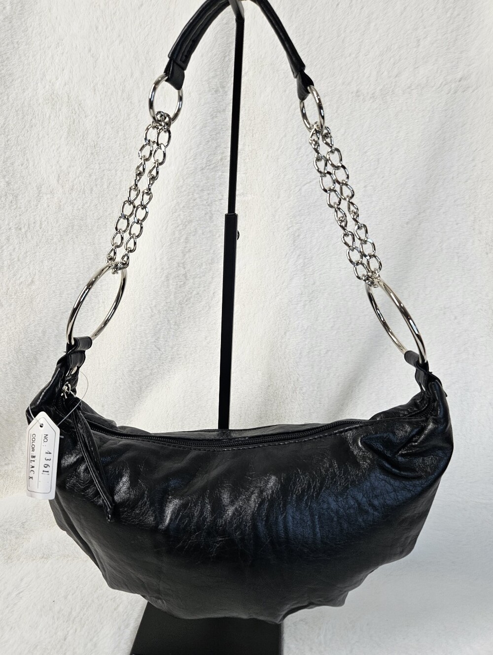 NWT Black And Silver Crescent Pleated Shoulder Bag